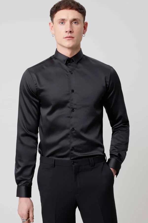 Twisted Tailor Slinky Slim Fit Black Sateen Shirt | Style·Plain Shirts | Occasion·Casual Shirts