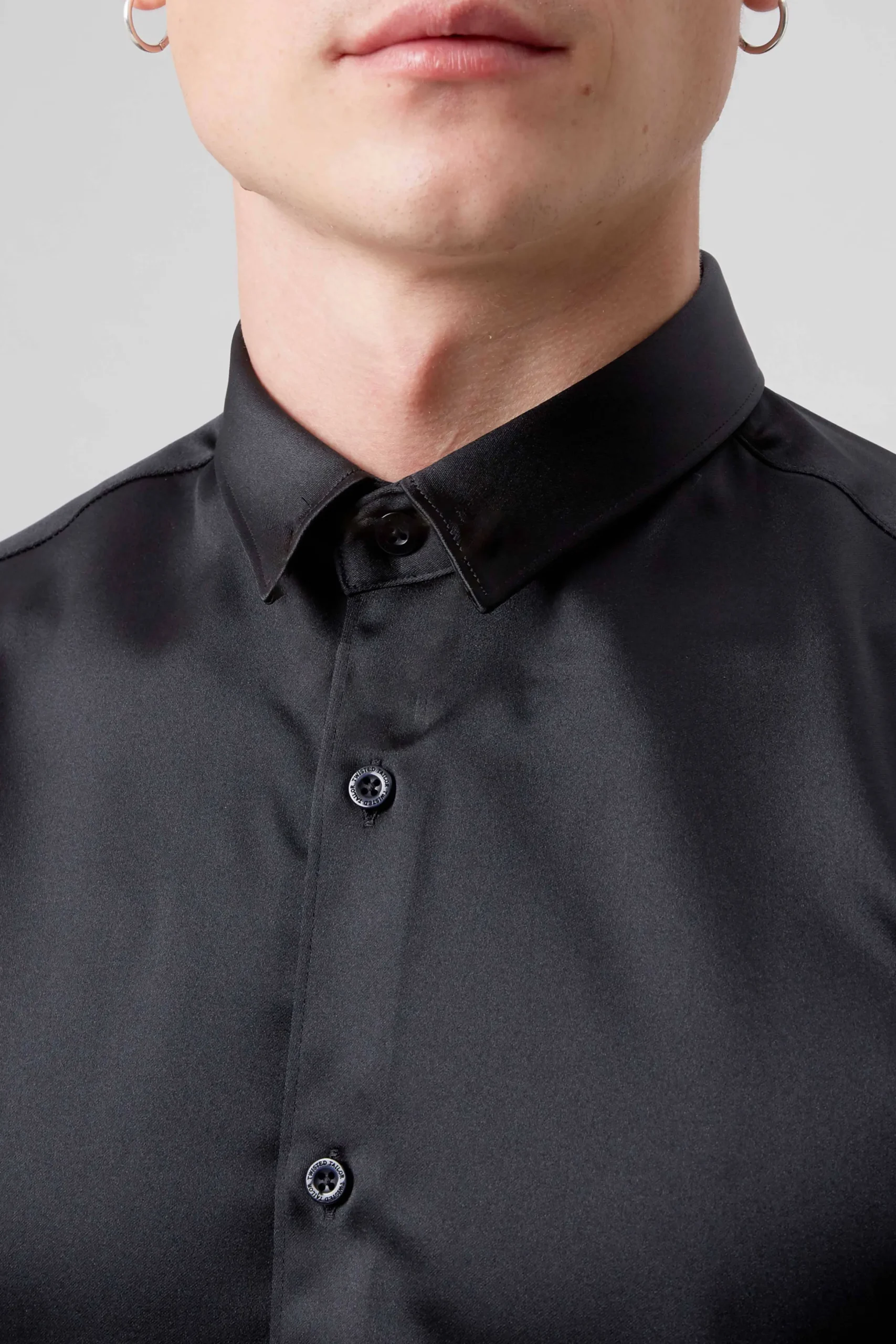 Twisted Tailor Slinky Slim Fit Black Sateen Shirt | Style·Plain Shirts | Occasion·Casual Shirts