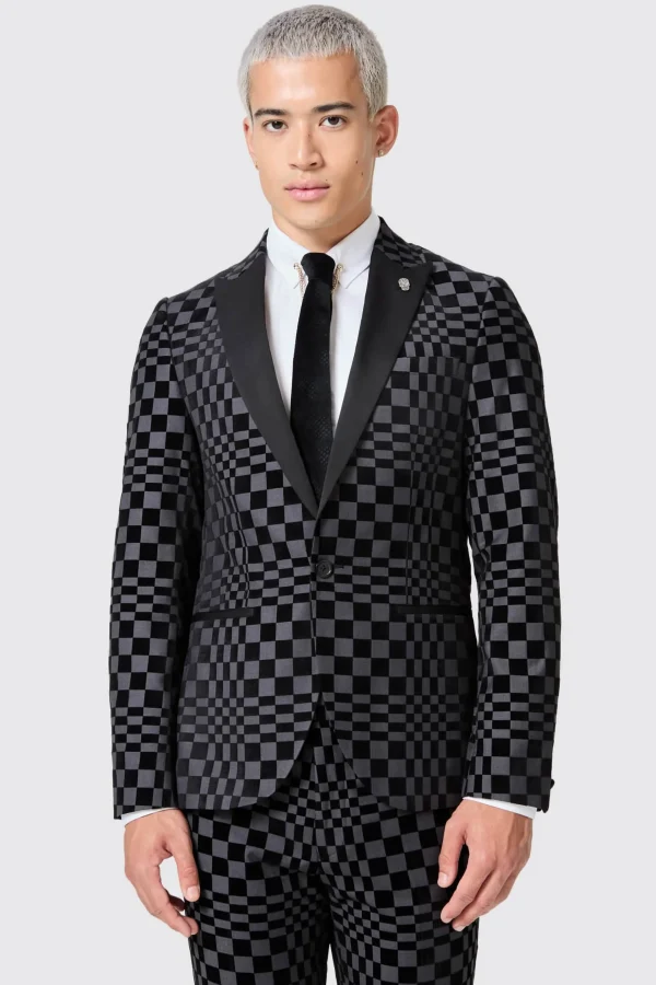 Twisted Tailor Tiber Skinny Fit Grey Check Tuxedo Jacket | Jackets·Party Jackets