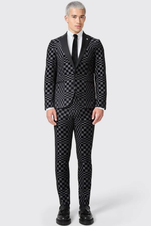 Twisted Tailor Tiber Skinny Fit Grey Check Tuxedo Suit | Style·2 Piece Suits | Style·Bold Prints
