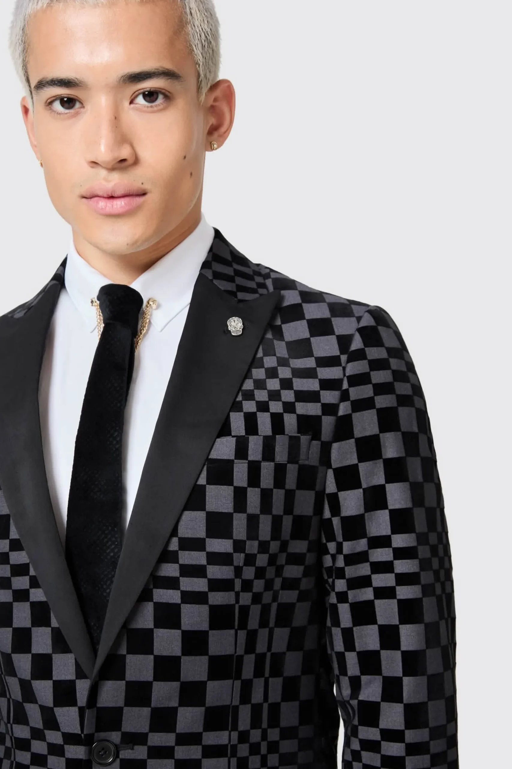 Twisted Tailor Tiber Skinny Fit Grey Check Tuxedo Suit | Style·2 Piece Suits | Style·Bold Prints