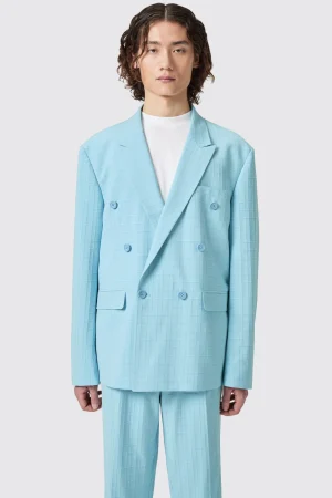 Twisted Tailor Zidan Oversized Blue Jacquard Double Breasted Jacket | Unisex
